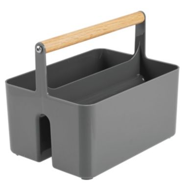 mDesign Plastic Tote, Divided Basket Bin with Wood Handle. View a larger version of this product image.