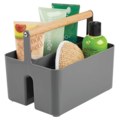 mDesign Plastic Tote, Divided Basket Bin with Wood Handle. View a larger version of this product image.
