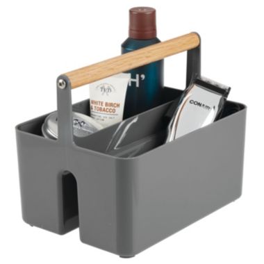 mDesign Plastic Tote, Divided Basket Bin with Wood Handle. View a larger version of this product image.