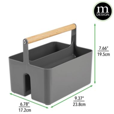 mDesign Plastic Tote, Divided Basket Bin with Wood Handle. View a larger version of this product image.