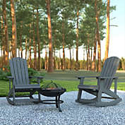 Emma and Oliver Marcy Set of 2 Classic All-Weather Poly Resin Rocking Adirondack Chairs in Gray with Wood Burning Firepit for Year Round Use