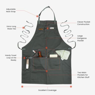 Chef Pomodoro Kitchen Apron, Unisex Chef Apron, Adjustable Neck and Back Straps, 5+ Pockets, Towel Loops - Designed for Home, BBQ, Grill Use (Stone Grey). View a larger version of this product image.