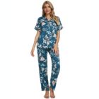 Alternate image 0 for cheibear Women's 2 Pieces Floral Button Down Pajama Set Nightwear Sleepwear Small Dark Blue