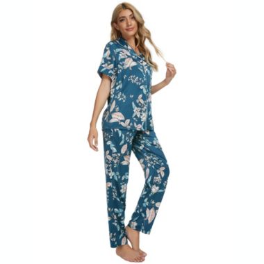 cheibear Women's 2 Pieces Floral Button Down Pajama Set Nightwear Sleepwear Small Dark Blue. View a larger version of this product image.