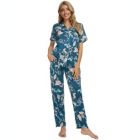 Alternate image 2 for cheibear Women's 2 Pieces Floral Button Down Pajama Set Nightwear Sleepwear Small Dark Blue