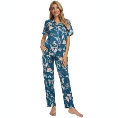 cheibear Women's 2 Pieces Floral Button Down Pajama Set Nightwear Sleepwear Small Dark Blue. View a larger version of this product image.