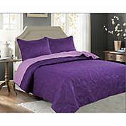 Legacy Decor 3 PCS Shell & Seahorse Stitched Pinsonic Reversible Lightweight All Season Bedspread Quilt Coverlet Oversize, Purple Color, Queen Size