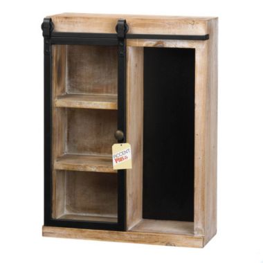Accent Plus Rustic Open Wall Cabinet with Chalkboard Back and Glass Barn Door. View a larger version of this product image.