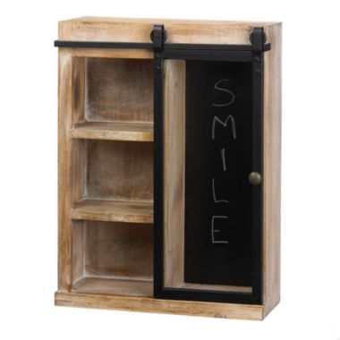 Accent Plus Rustic Open Wall Cabinet with Chalkboard Back and Glass Barn Door. View a larger version of this product image.