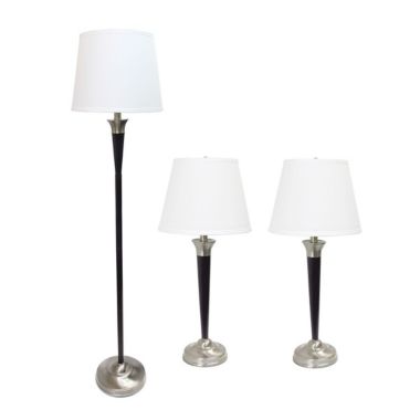 Lalia Home Perennial Modern Sonoma 3 Piece Metal Lamp Set (2 Table Lamps, 1 Floor Lamp) with Cream Tapered Drum Fabric Shades with Malbec Black and Brushed Nickel Finish. View a larger version of this product image.