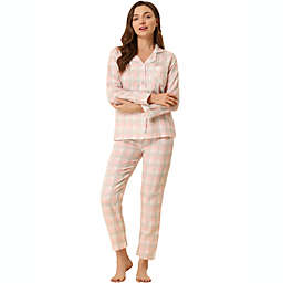 Allegra K Women's Plaid Pajama Sets Sleepwear Button-Down Lounge Sets Pink XS