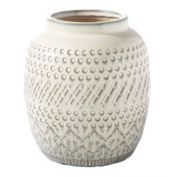 Urban Trends Collection Ceramic Round Vase with Debossed Tribal Stipped Pattern Design Body SM Gloss Finish White