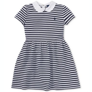 Ralph Lauren Girl's Stripe Collar Structured Short Sleeve A Line Dress Blue Size Large. View a larger version of this product image.