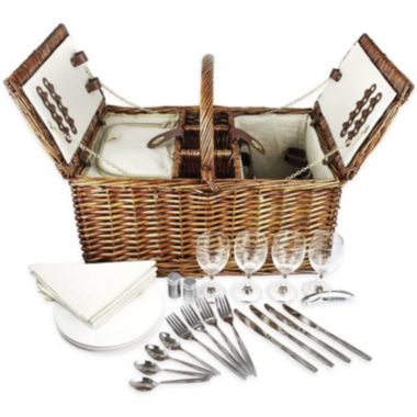 Juvale 4 Person Wicker Picnic Basket Set with Utensils, Glasses, and Insulated Cooler Bag, Outdoor Tableware for Family Gatherings. View a larger version of this product image.