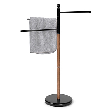 Juvale Towel Rack Towel Stand 3 Swivel Arm, Freestanding with Weighted Base, Black & Oak Grain Metal. View a larger version of this product image.