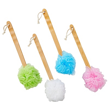 Juvale 4 Pack Long Handled Loofah for Shower, Exfoliating Body Brush on a Stick, Back Scrubber in 4 Colors (16 In). View a larger version of this product image.
