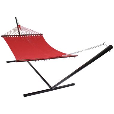 Sunnydaze Outdoor 2-Person Double Polyester Rope Hammock with Wood Spreader Bar and 15ft Black Steel Stand - Red. View a larger version of this product image.
