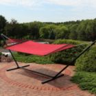 Alternate image 1 for Sunnydaze Outdoor 2-Person Double Polyester Rope Hammock with Wood Spreader Bar and 15ft Black Steel Stand - Red