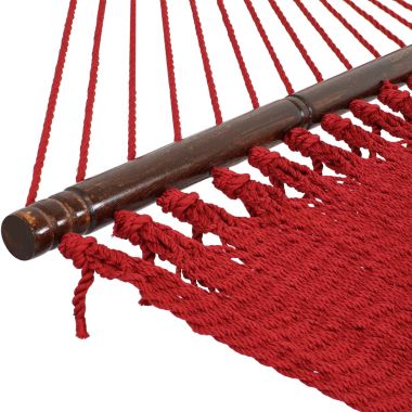Sunnydaze Outdoor 2-Person Double Polyester Rope Hammock with Wood Spreader Bar and 15ft Black Steel Stand - Red. View a larger version of this product image.