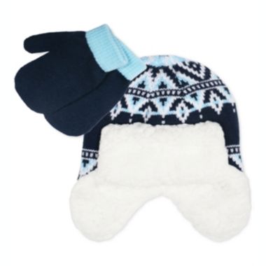 Fab Toddler Boy's 2 Pc Fair Isle Trapper Hat & Colorblocked Mittens Set Blue One Size. View a larger version of this product image.