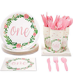Juvale One Birthday Party Plates Girls First Year Floral Decorations Set with Napkins, Cups, Cutlery for 24 Guests (144 Pieces)