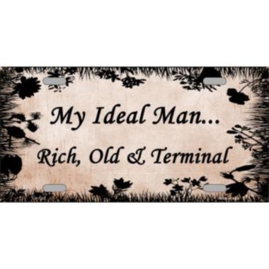 Smart Blonde My Ideal Man Rich Old and Terminal Novelty Vanity Metal License Plate Tag Sign. View a larger version of this product image.