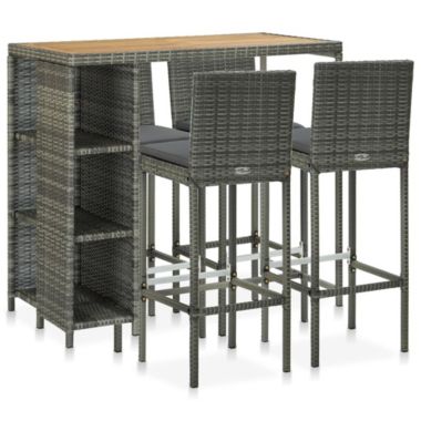 vidaXL 5 Piece Patio Bar Set with Cushions Poly Rattan Gray. View a larger version of this product image.