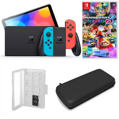 Nintendo Switch OLED in Neon with Super Mario Kart 8 and Accessories