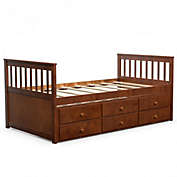 Costway Twin Captain&#39;s Bed with Trundle Bed with 3 Storage Drawers-Walnut