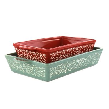 2 Piece Tierra Wax Relief Stoneware Baker Set in Red and Mint. View a larger version of this product image.