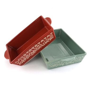 2 Piece Tierra Wax Relief Stoneware Baker Set in Red and Mint. View a larger version of this product image.