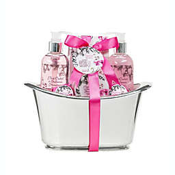Freida and Joe Pink Orchid & Strawberry Fragrance Bath & Body Spa Gift Set in a Silver Tub Basket