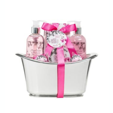 Freida and Joe Pink Orchid & Strawberry Fragrance Bath & Body Spa Gift Set in a Silver Tub Basket. View a larger version of this product image.