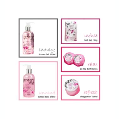 Freida and Joe Pink Orchid & Strawberry Fragrance Bath & Body Spa Gift Set in a Silver Tub Basket. View a larger version of this product image.