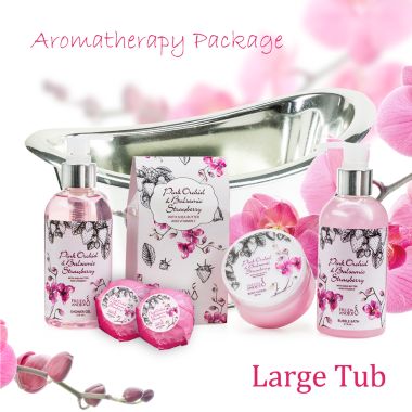 Freida and Joe Pink Orchid & Strawberry Fragrance Bath & Body Spa Gift Set in a Silver Tub Basket. View a larger version of this product image.