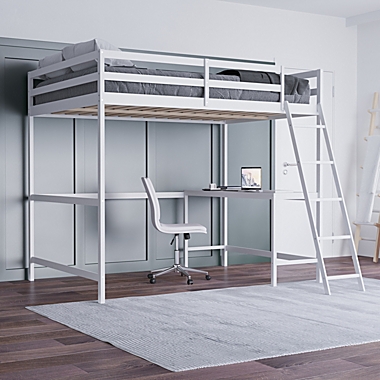 Emma and Oliver Ridley Twin Wood Loft Bed Frame with Protective Guardrails and Integrated Desk and Ladder in White for Use with Any 6-8" Thick Mattress. View a larger version of this product image.