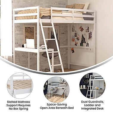 Emma and Oliver Ridley Twin Wood Loft Bed Frame with Protective Guardrails and Integrated Desk and Ladder in White for Use with Any 6-8" Thick Mattress. View a larger version of this product image.