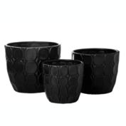 Urban Trends Collection Ceramic Round Pot with Embossed Circular Pattern Design Body and Tapered Bottom Set of Three Matte Finish Black