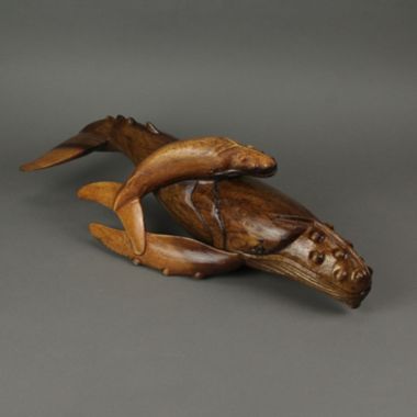 Contrast Beautiful Carved Teak Wood Humpback Whale and Baby Tabletop Statue 20 Inches Long. View a larger version of this product image.