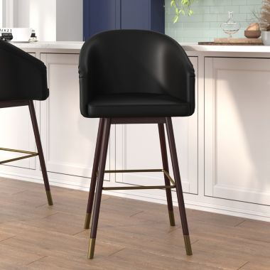 Flash Furniture Margo 30" Commercial Grade Mid-Back Modern Barstool with Walnut Finish Beechwood Legs and Curved Back, Black LeatherSoft with Muted Bronze Accents. View a larger version of this product image.