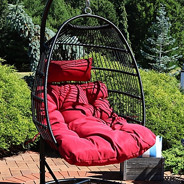 Sunnydaze Outdoor Resin Wicker Patio Julia Hanging Basket Egg Chair Swing with Cushions and Headrest - Red - 2pc. View a larger version of this product image.