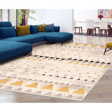 Chaudhary Living 7.75' x 10' Off White and Gray Geometric Rectangular Area Throw Rug. View a larger version of this product image.