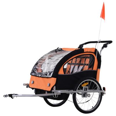Aosom Elite 360 Swivel 2-In-1 Double Child Two-Wheel Bicycle Cargo Trailer And Jogger With 2 Safety Harnesses, Orange