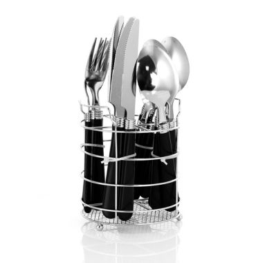Gibson Sensations II 16 Piece Stainless Steel Flatware Set with Black Handles and Chrome Caddy. View a larger version of this product image.