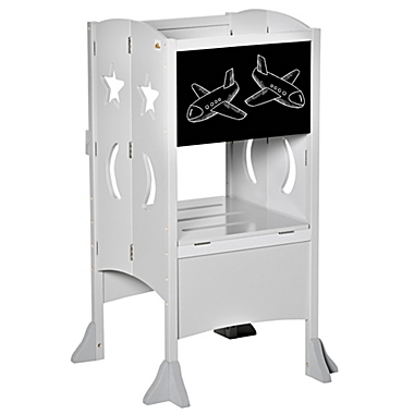 Qaba Kids Foldable Kitchen Step Stool with Chalkboard and Lockable Handrail for Children 3-6 Years Old, Grey. View a larger version of this product image.