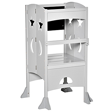Qaba Kids Foldable Kitchen Step Stool with Chalkboard and Lockable Handrail for Children 3-6 Years Old, Grey. View a larger version of this product image.