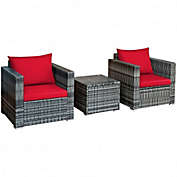 Costway 3 Pcs Patio Rattan Furniture Bistro Sofa Set with Cushioned-Red
