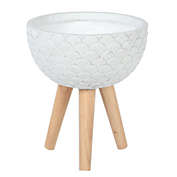 Luxenhöme Scallop Embossed White 12.2 In. Round Mgo Planter With Wood Legs - White