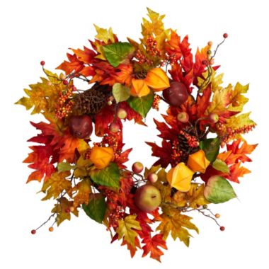 Nearly Natural 24"D Autumn Maple Leaf and Berries Fall Artificial Decorative Wreath. View a larger version of this product image.