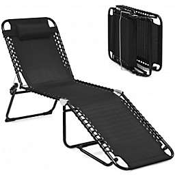 Costway Folding Heightening Design Beach Lounge Chair with Pillow for Patio-Black